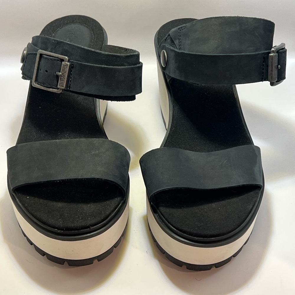 Black and White Modern Timberland Mules with Wide Straps